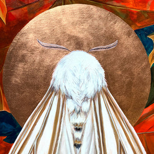 moth painting white echo moth copper leaf halo detail