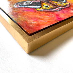 emperor moth painting gold leaf float frame detail