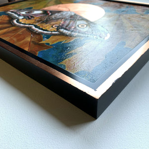 moth painting emperor moth with maple leaves in copper leaf and black wood frame detail