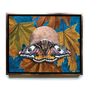 moth painting emperor moth with maple leaves in copper frame