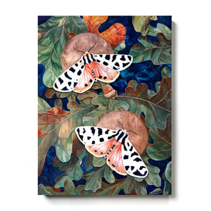 moth painting two tiger moths oak leaves on canvas