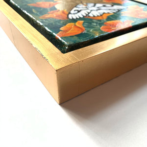 white moth painting orange poppies gold leaf halo in gold leaf frame detail