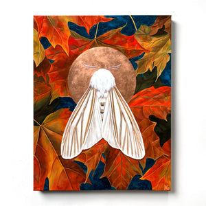 moth painting white echo moth and red maple leaves on canvas