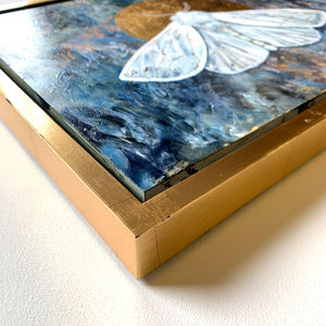white moth painting gold leaf float frame detail