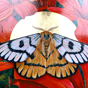 nuttall's sheep moth painting with red lilies and gold leaf