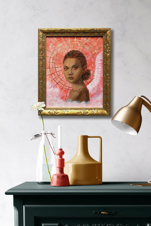angel artwork pink sunrise angel in gold frame on wall