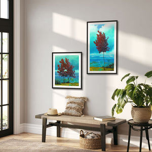 red tree art print teal landscape framed on wall
