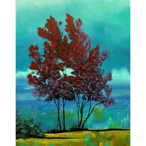 red trees art print landscape art teal clouds