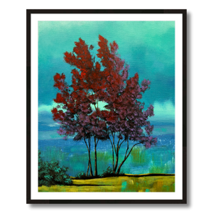 red tree teal clouds landscape art print framed 24x30
