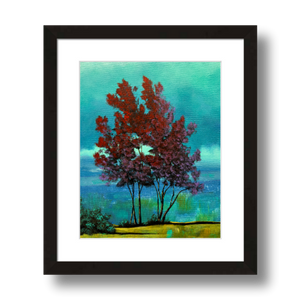 red tree teal clouds landscape art print framed 8x10