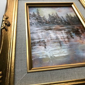 Reflections II Lake Landscape painting in gold frame texture detail by Aimee Schreiber