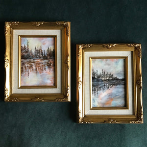 Pair of Reflection Lake Landscape paintings in gold frame by Aimee Schreiber