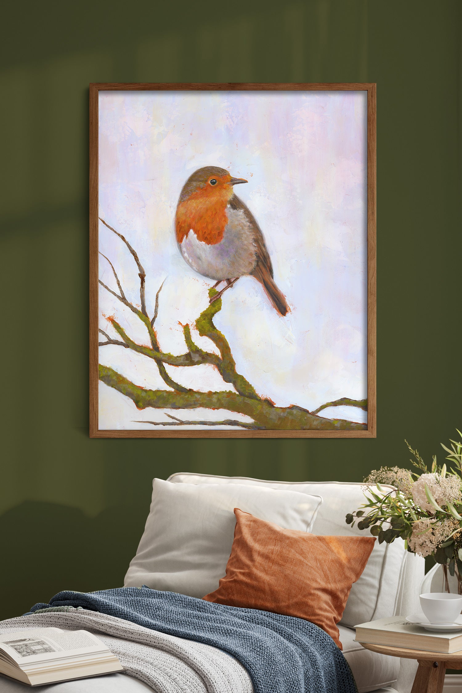 robin bird art print framed on green wall
