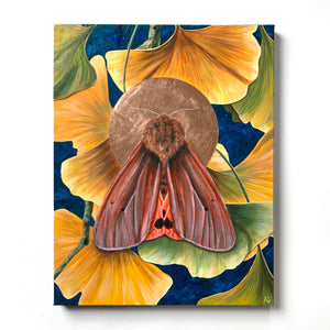 moth painting of ruby tiger moth and copper halo on yellow ginkgo leaves