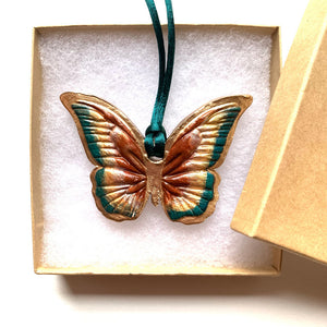 rust gold teal butterfly ornament in gift box
