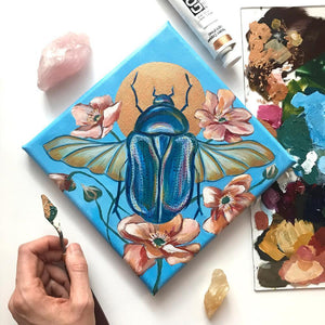 Small Scarab Beetle original acrylic painting with copper halo and flowers by Aimee Schreiber