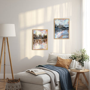 sepia sunrise lake reflection landscape art print on living room wall