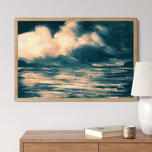 stormy seascape teal and peach landscape ocean art print on bedroom wall