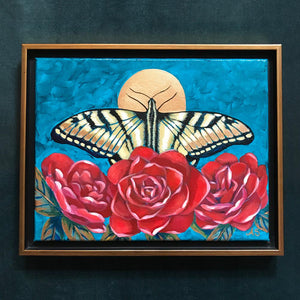 Yellow swallowtail butterfly in red camellias acrylic painting by Aimee Schreiber
