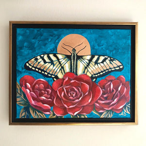 Yellow swallowtail butterfly in red camellias acrylic painting by Aimee Schreiber