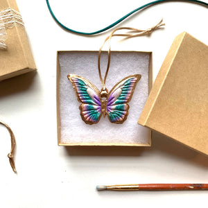 teal, purple, blush, gold butterfly ornament in gift box