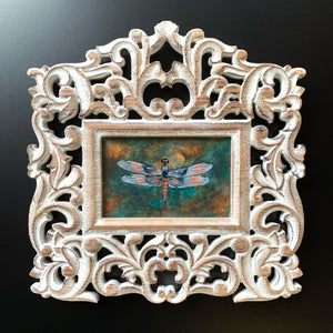 twilight dragonfly small painting in ornate white wood frame