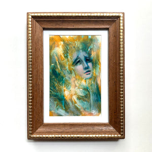 we are more than we'd guessed emotional art colorful teal and yellow acrylic painting portrait in vintage wood frame Aimee Schreiber