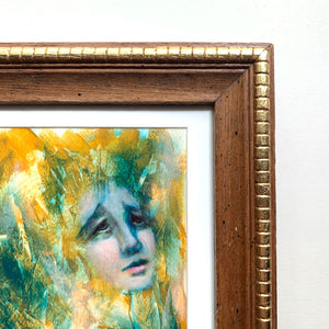 we are more than we'd guessed emotional art colorful teal and yellow acrylic painting portrait in vintage wood frame detail Aimee Schreiber
