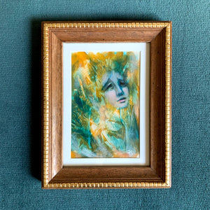 we are more than we'd guessed emotional art colorful teal and yellow acrylic painting portrait on teal wall Aimee Schreiber