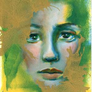 we are wonders and worlds emotional art colorful green, yellow and gold acrylic painting portrait detail Aimee Schreiber