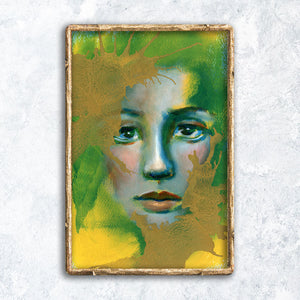 surreal art - We are wonders and worlds green yellow gold mystical blue face portrait art print in gold frame