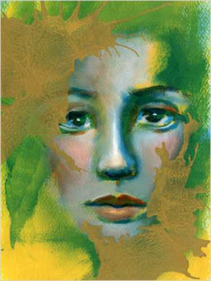 We are wonders and worlds green yellow gold mystical blue face portrait art print 30x40