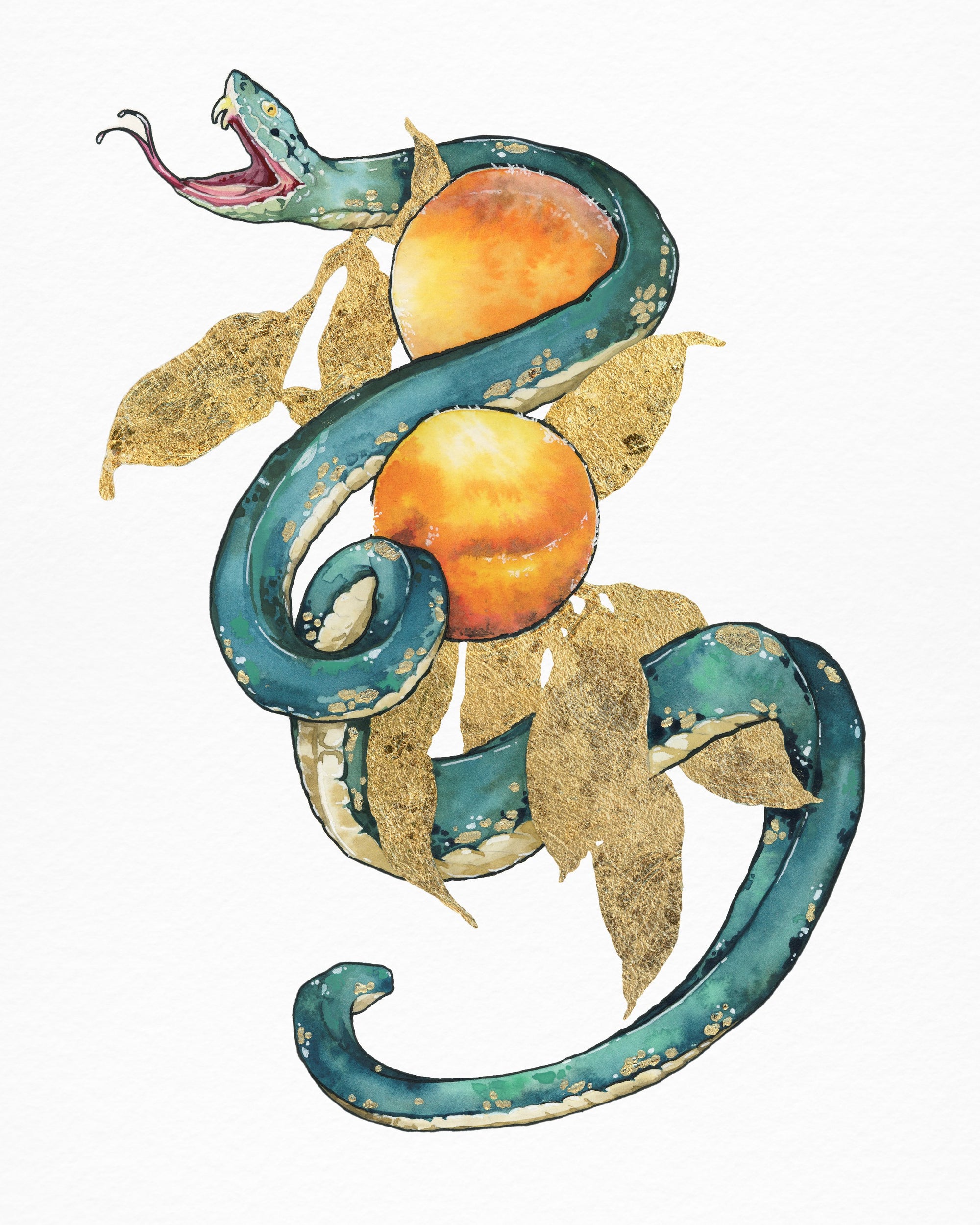 snake watercolor painting with gold leaf