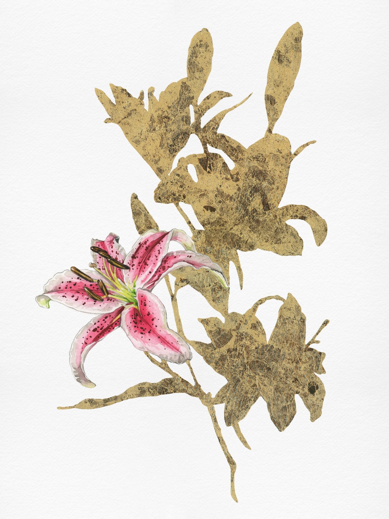 rose watercolor painting with gold leaf