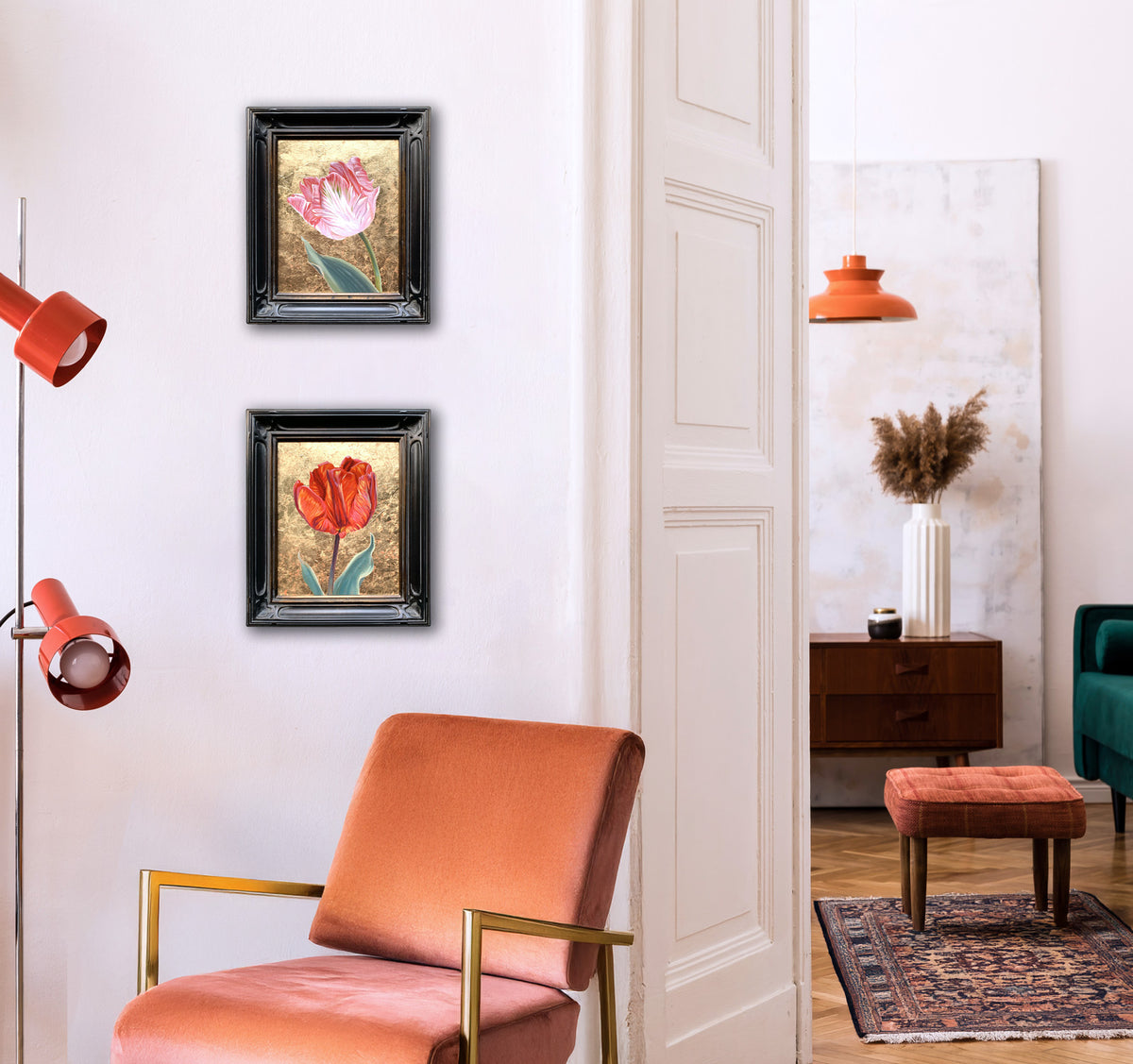 2 gold leaf tulip paintings on wall