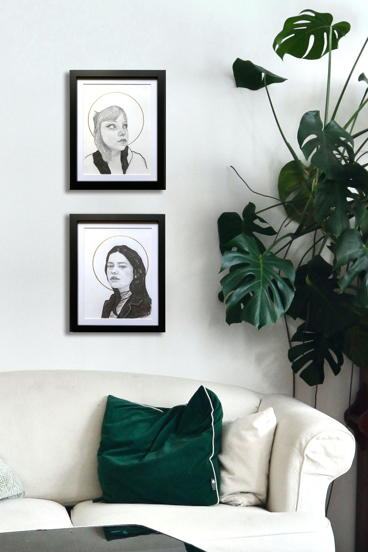 2 woman halo portrait drawings