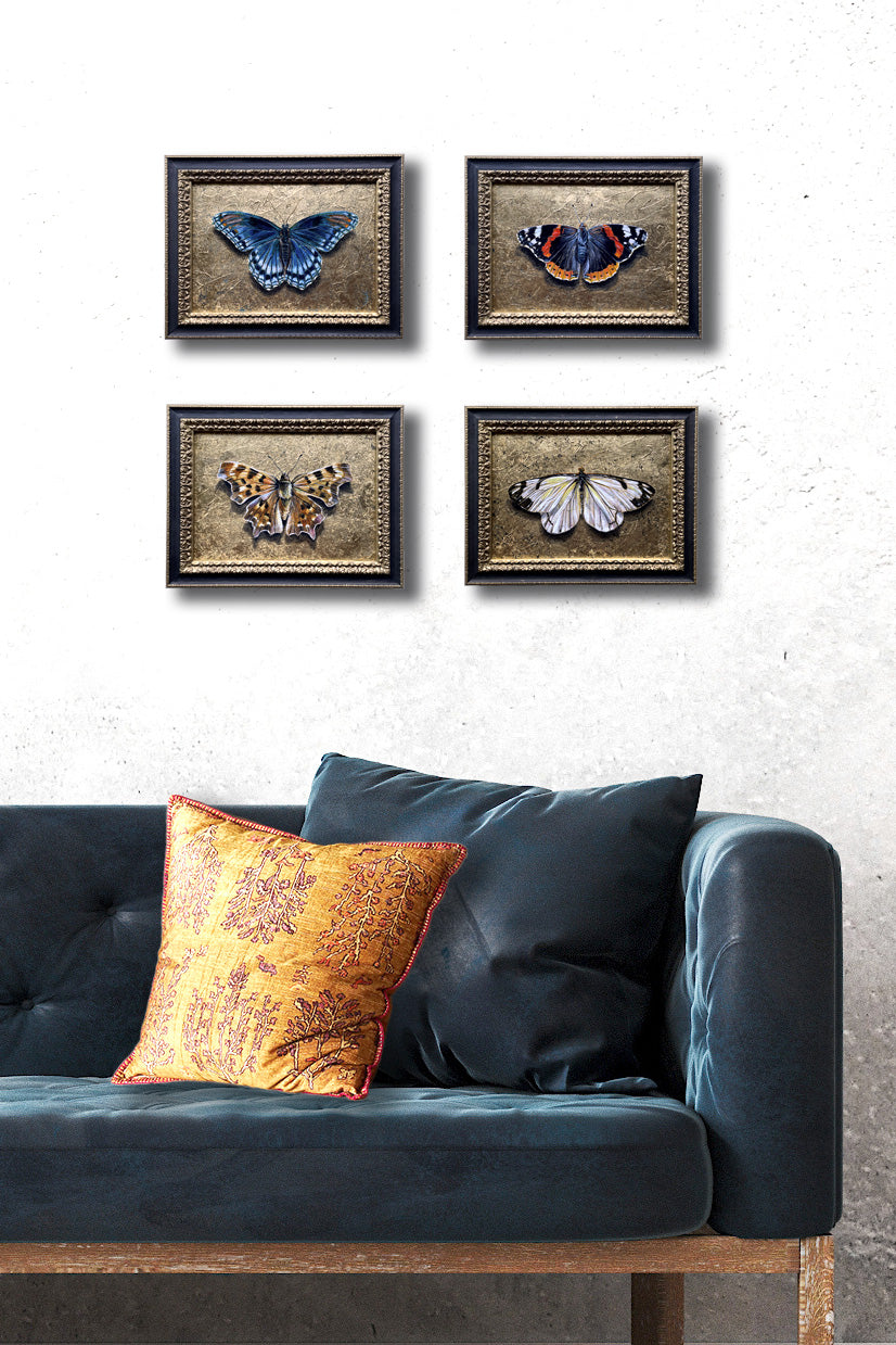 4 small butterfly paintings on wall