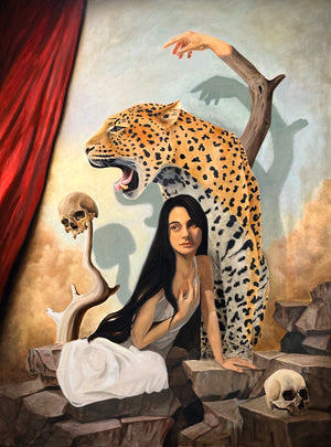 A surreal painting of a seated woman with long black hair beside a large roaring leopard, with a red curtain on the left, skulls, branches, and rocky ground.