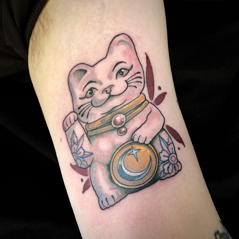 lucky cat tattoo by Cass Brown