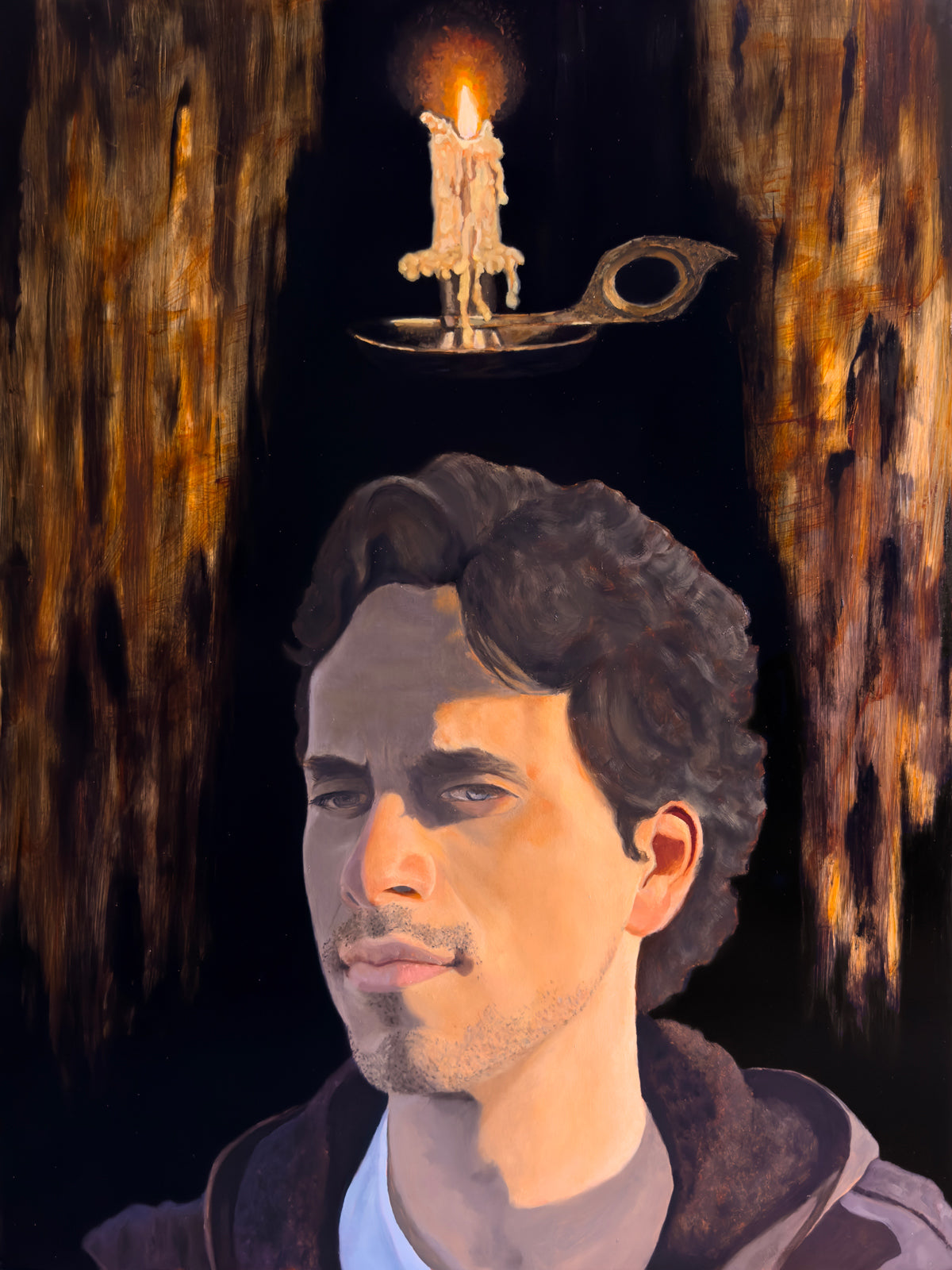 Oil painting by Danny Schreiber of man portrait with candle hovering over his head against a dark background