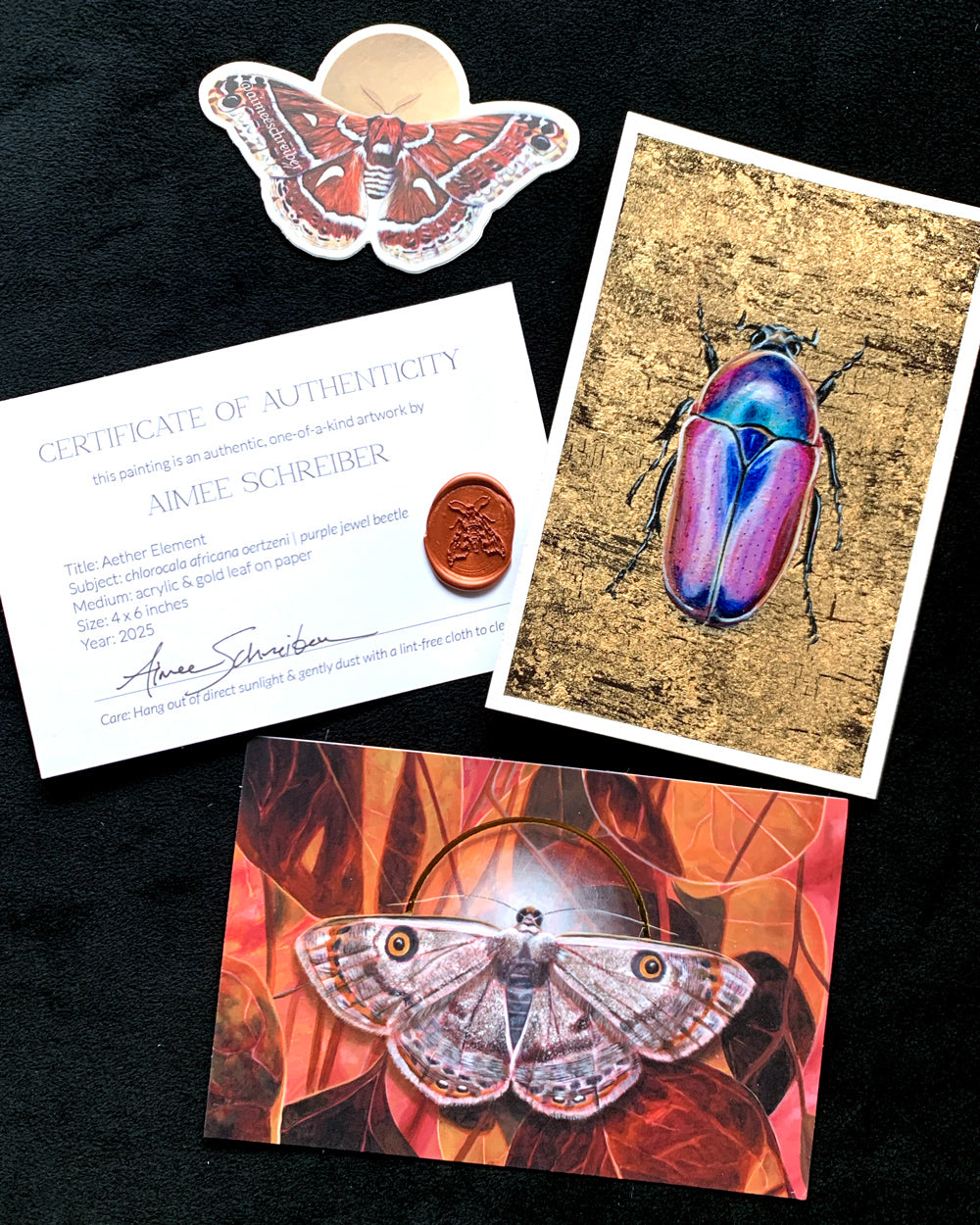 beetle element painting with moth postcard, moth sticker, and certificate of authenticity
