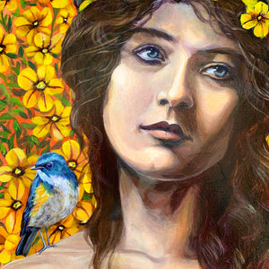 summer goddess painting yellow flowers blue bird detail