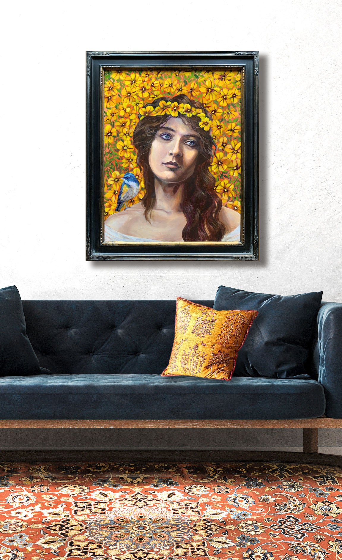 summer goddess painting black frame on wall