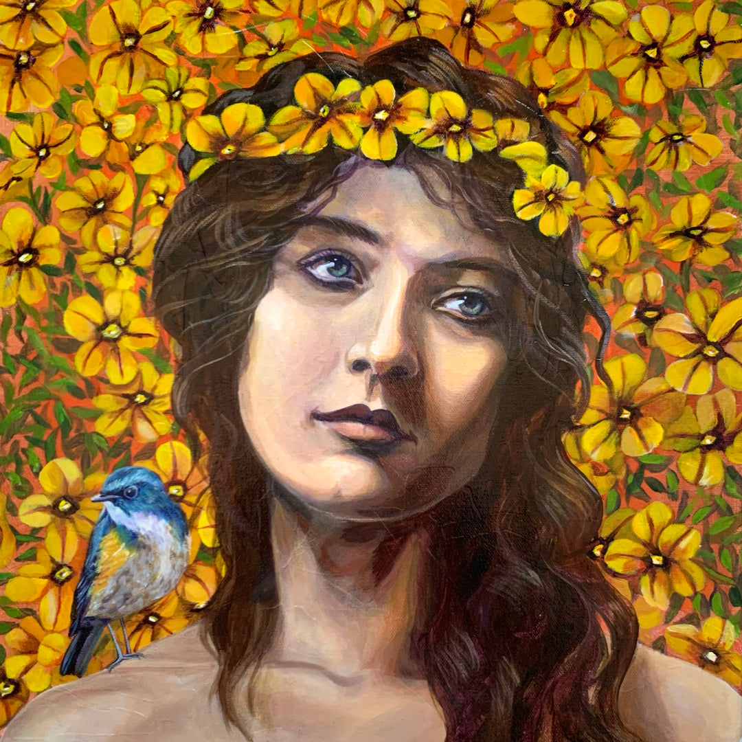 goddess artwork yellow flowers blue bird
