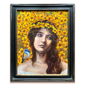 summer goddess painting yellow flowers blue bird