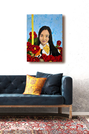 female portrait painting hanging on wall
