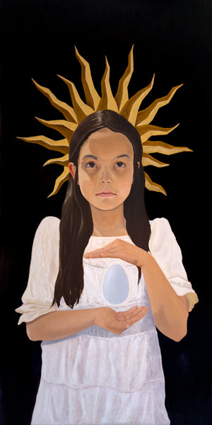 "Fear Shapes What Purity Cannot Hold" Symbolic Child with Halo and Egg Oil Painting by Danny Gordo
