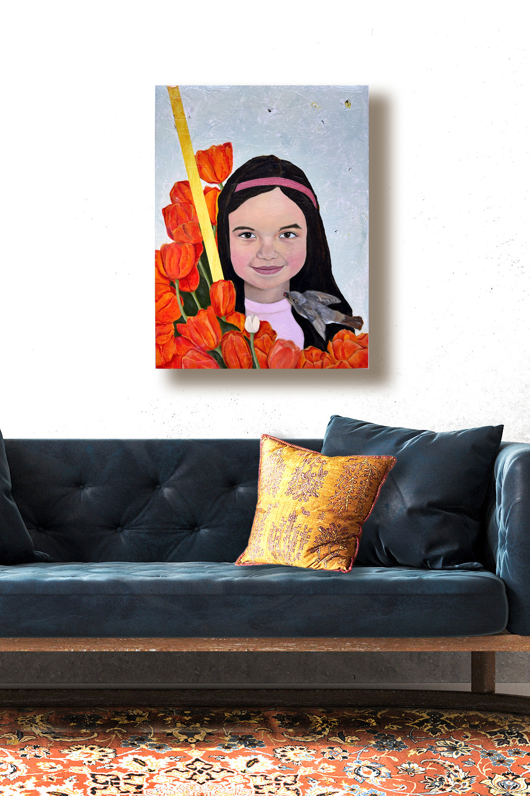 young girl portrait painting with tulips on wall