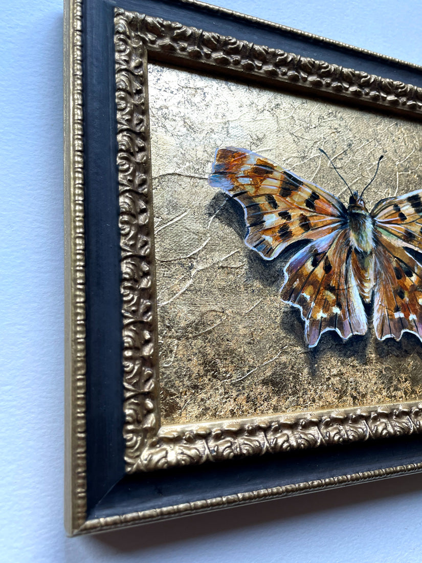 anglewing butterfly painting with gold leaf frame detail
