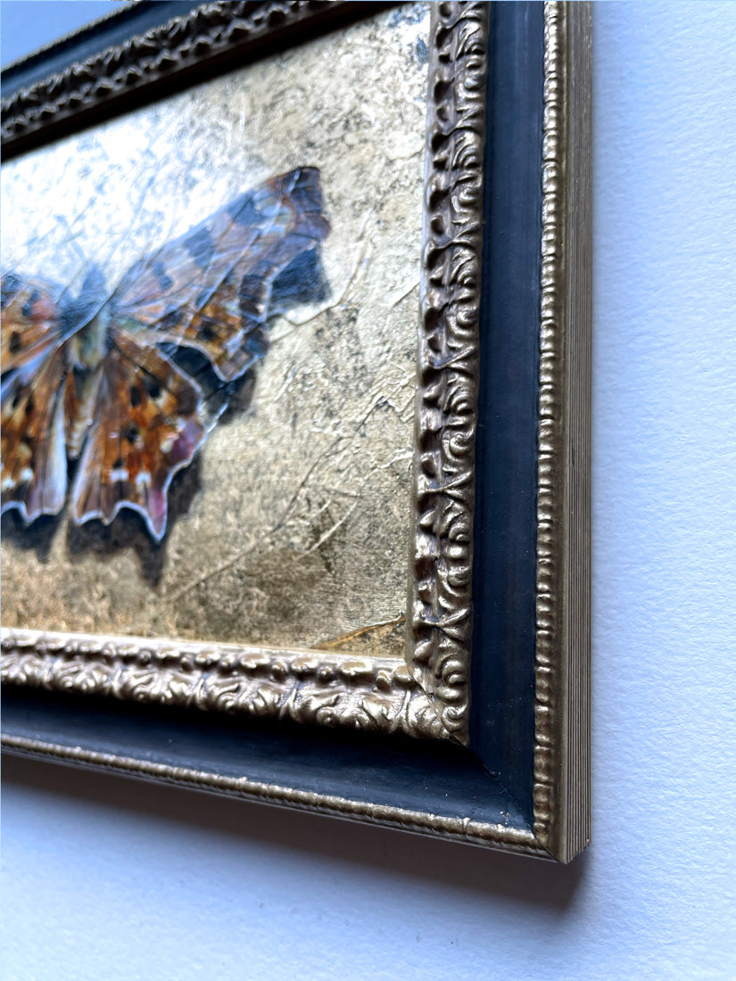 anglewing butterfly painting with gold leaf frame detail
